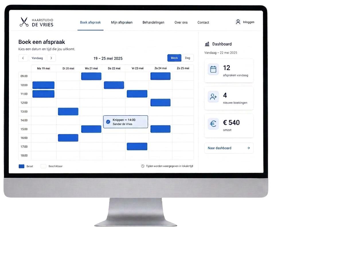 Concept — online agenda waarmee klanten zelf een afspraak boeken, plus admin dashboard