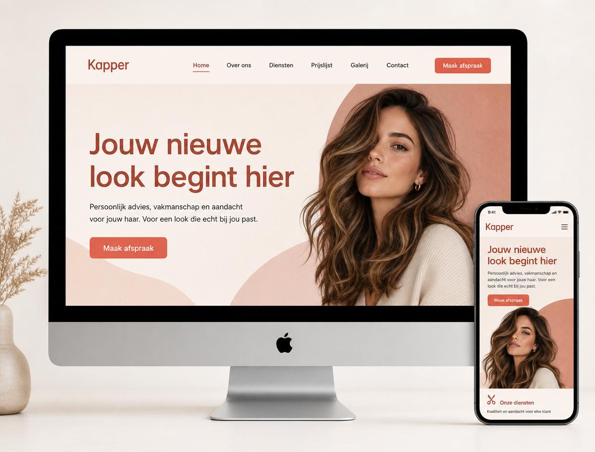 Conceptwebsite voor een kapper — desktop en mobiele mockup