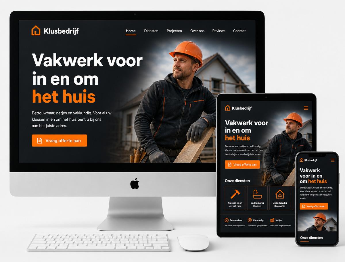 Conceptwebsite voor een klusbedrijf — desktop en mobiele mockup