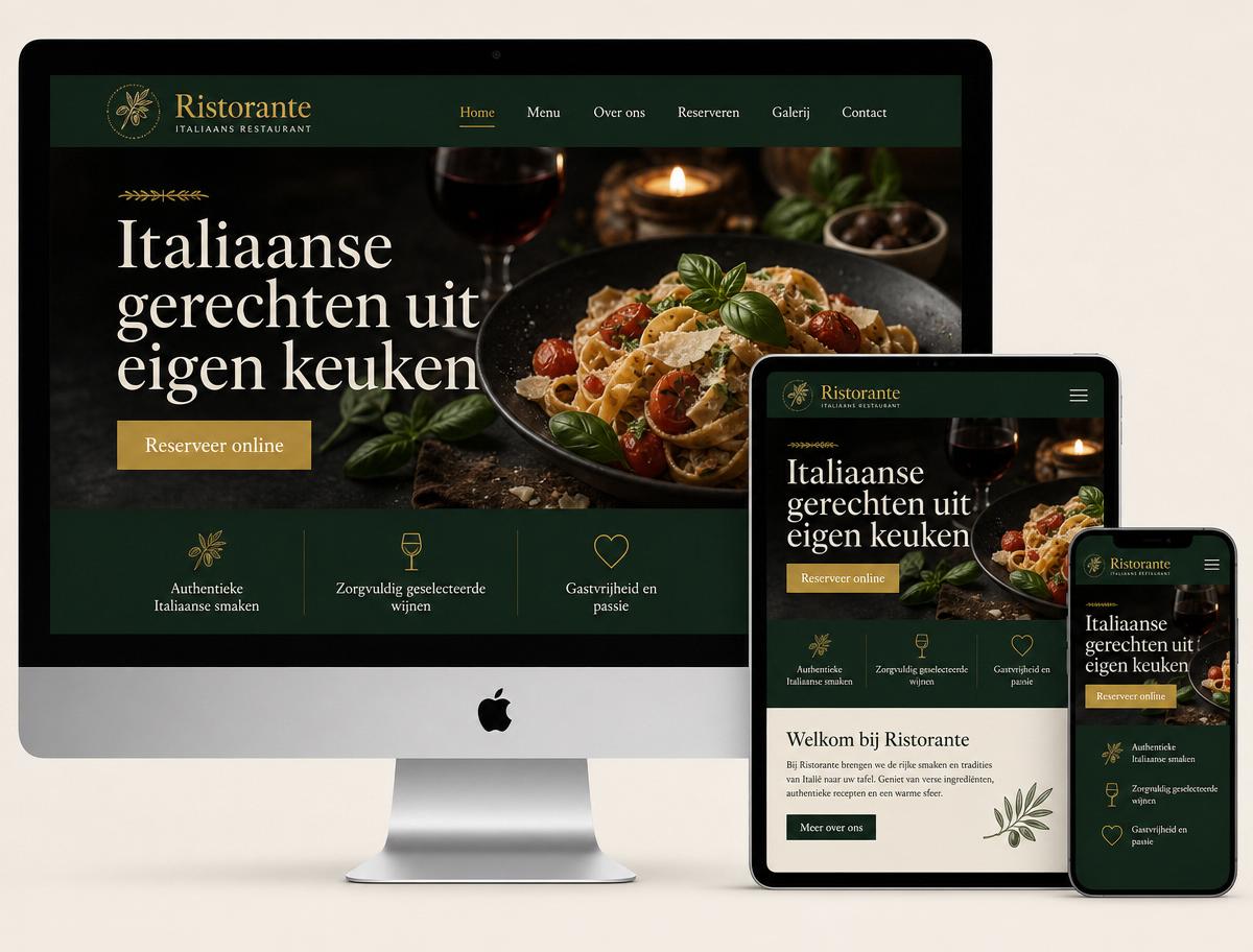 Conceptwebsite voor een restaurant — desktop en mobiele mockup